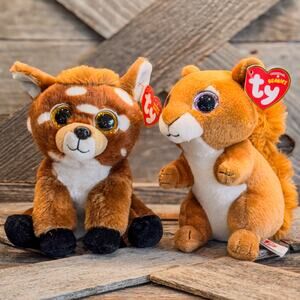 Pair of Woodland TY Beanie Boos-Squire the Squirrel and Buckley the Fawn-NWT-6"H